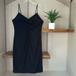 Nine West spaghetti strap knee length black dress with front ruching, size L